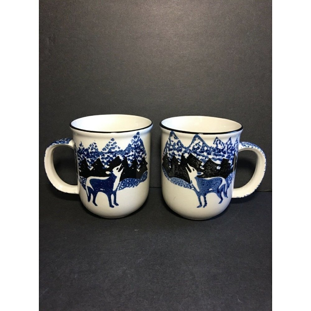 Tienshan Folk Craft Wolf Coffee Mugs Tea Cups 2 Count Lodge Cabin Blue Ceramic